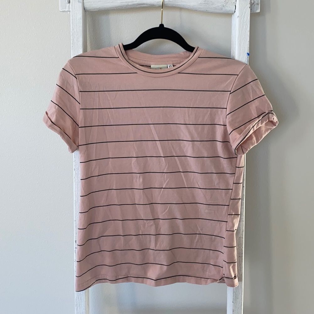 LOVE, OLIVE CO | Pink & Gray Striped Short Sleeve Tee | Size XS | NWOT